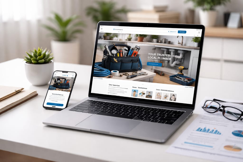 Responsive website design displayed on laptop and mobile showing a professional business layout.